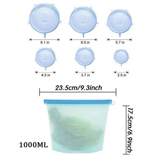 4-Pack Reusable Silicone Food Storage Bag | KOMUEE Airtight Seal Storage Container, Leakproof & Fresh for Food,Snacks,Fruit   6 Silicone Stretch Lids | BPA Free, FDA Approved (Colour)