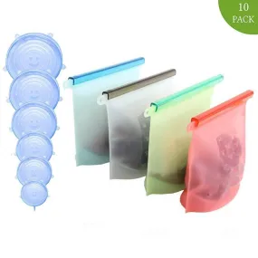 4-Pack Reusable Silicone Food Storage Bag | KOMUEE Airtight Seal Storage Container, Leakproof & Fresh for Food,Snacks,Fruit   6 Silicone Stretch Lids | BPA Free, FDA Approved (Colour)