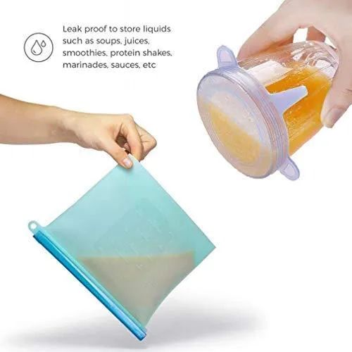 4-Pack Reusable Silicone Food Storage Bag | KOMUEE Airtight Seal Storage Container, Leakproof & Fresh for Food,Snacks,Fruit   6 Silicone Stretch Lids | BPA Free, FDA Approved (Colour)