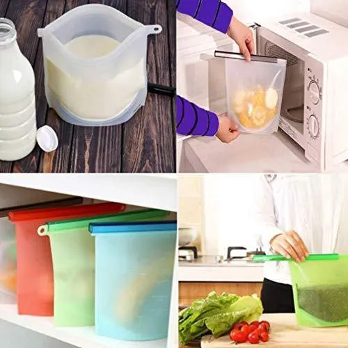 4-Pack Reusable Silicone Food Storage Bag | KOMUEE Airtight Seal Storage Container, Leakproof & Fresh for Food,Snacks,Fruit   6 Silicone Stretch Lids | BPA Free, FDA Approved (Colour)