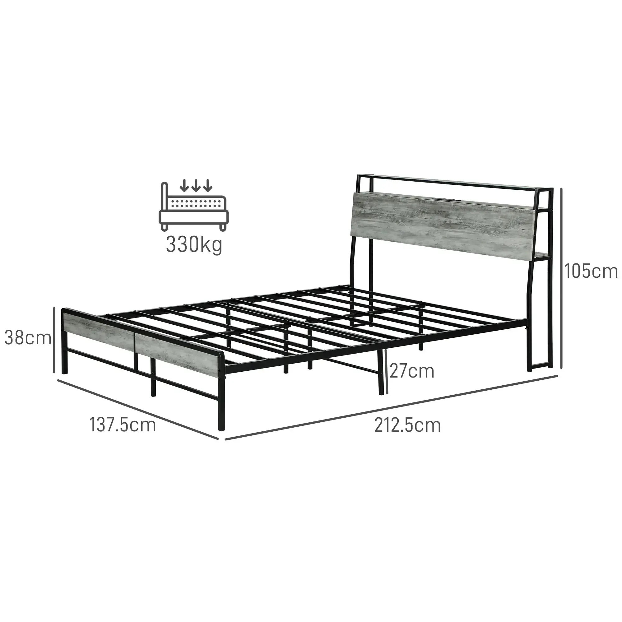 Double Steel Bed Frame with LED Lights and Headboard Shelf - Grey