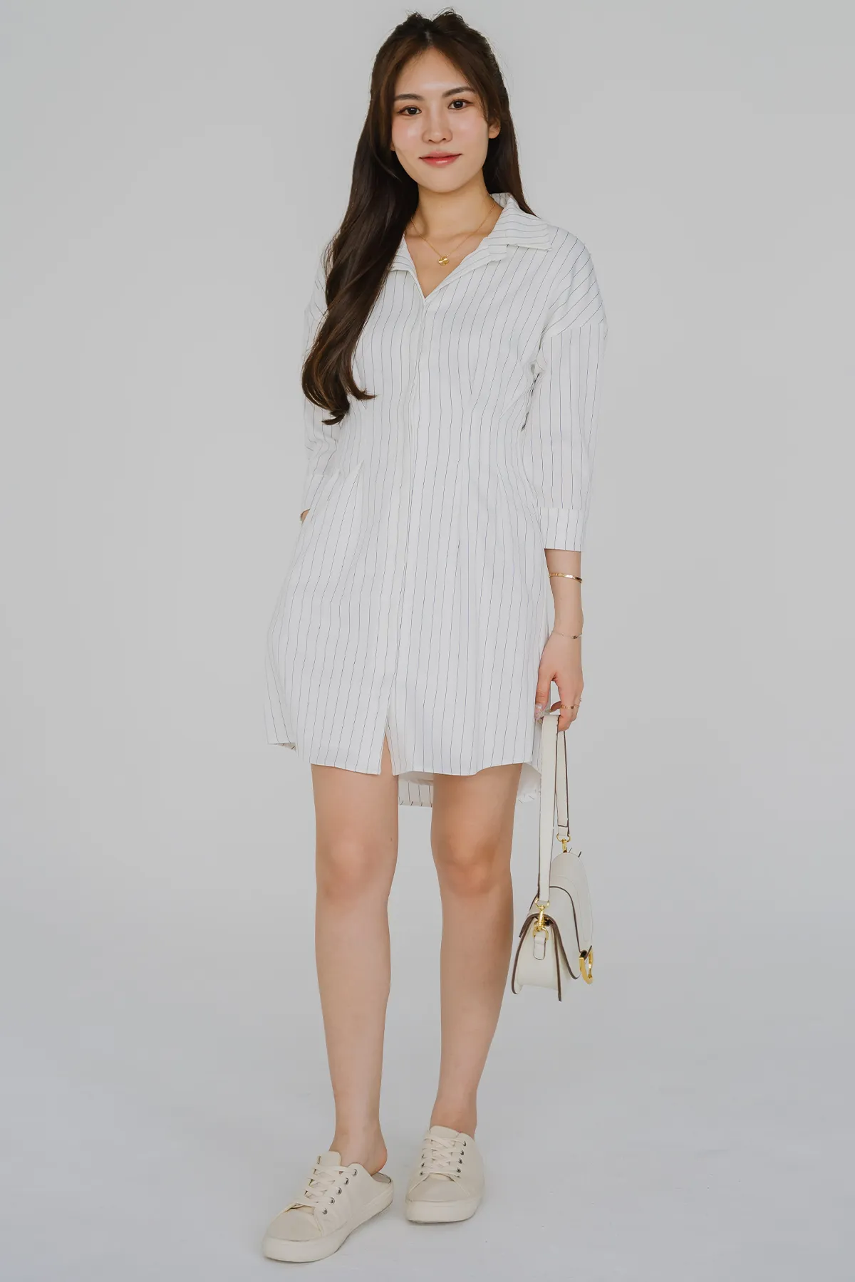 Essential Pinstripe Shirt Dress (White)