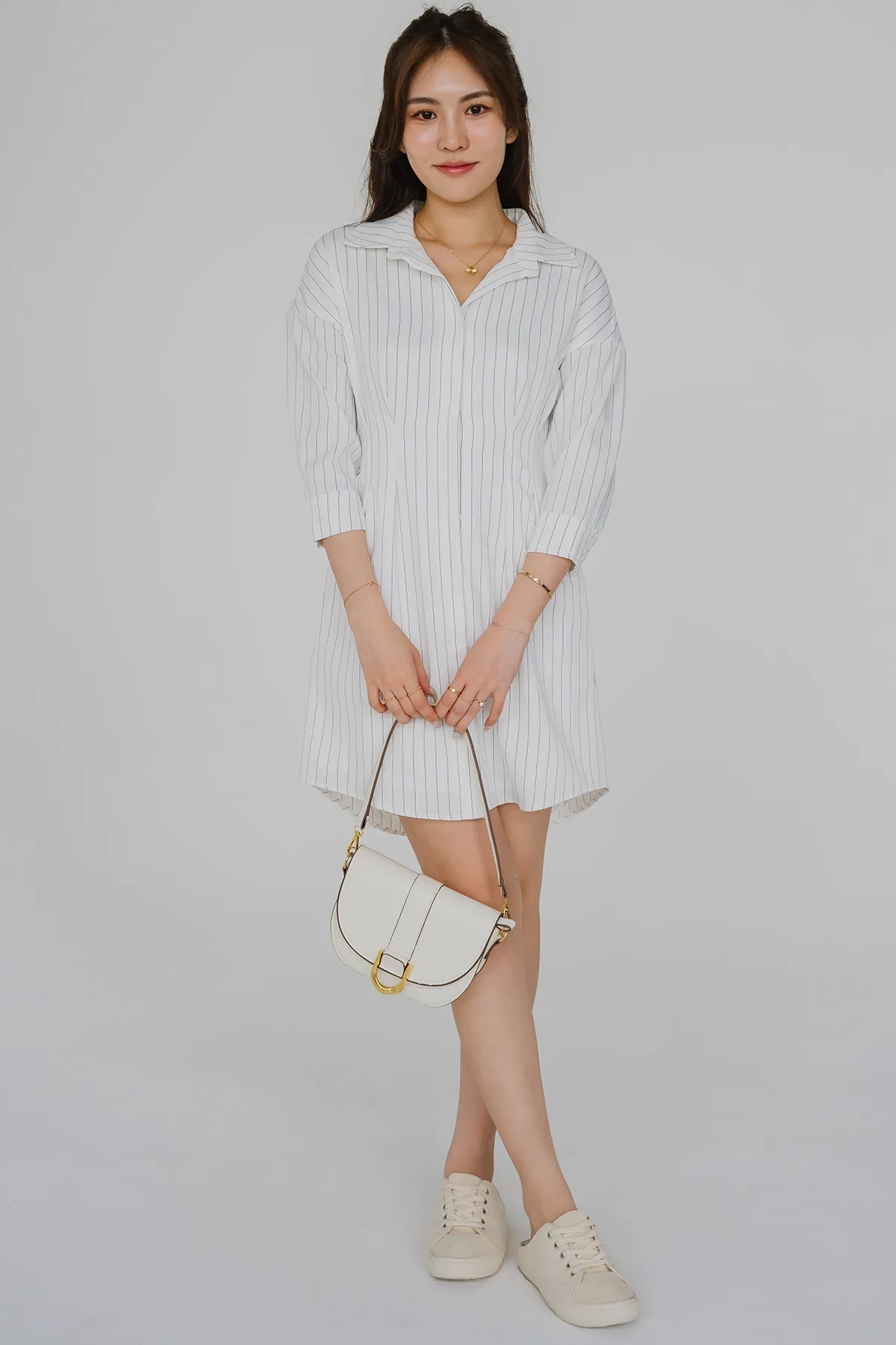 Essential Pinstripe Shirt Dress (White)