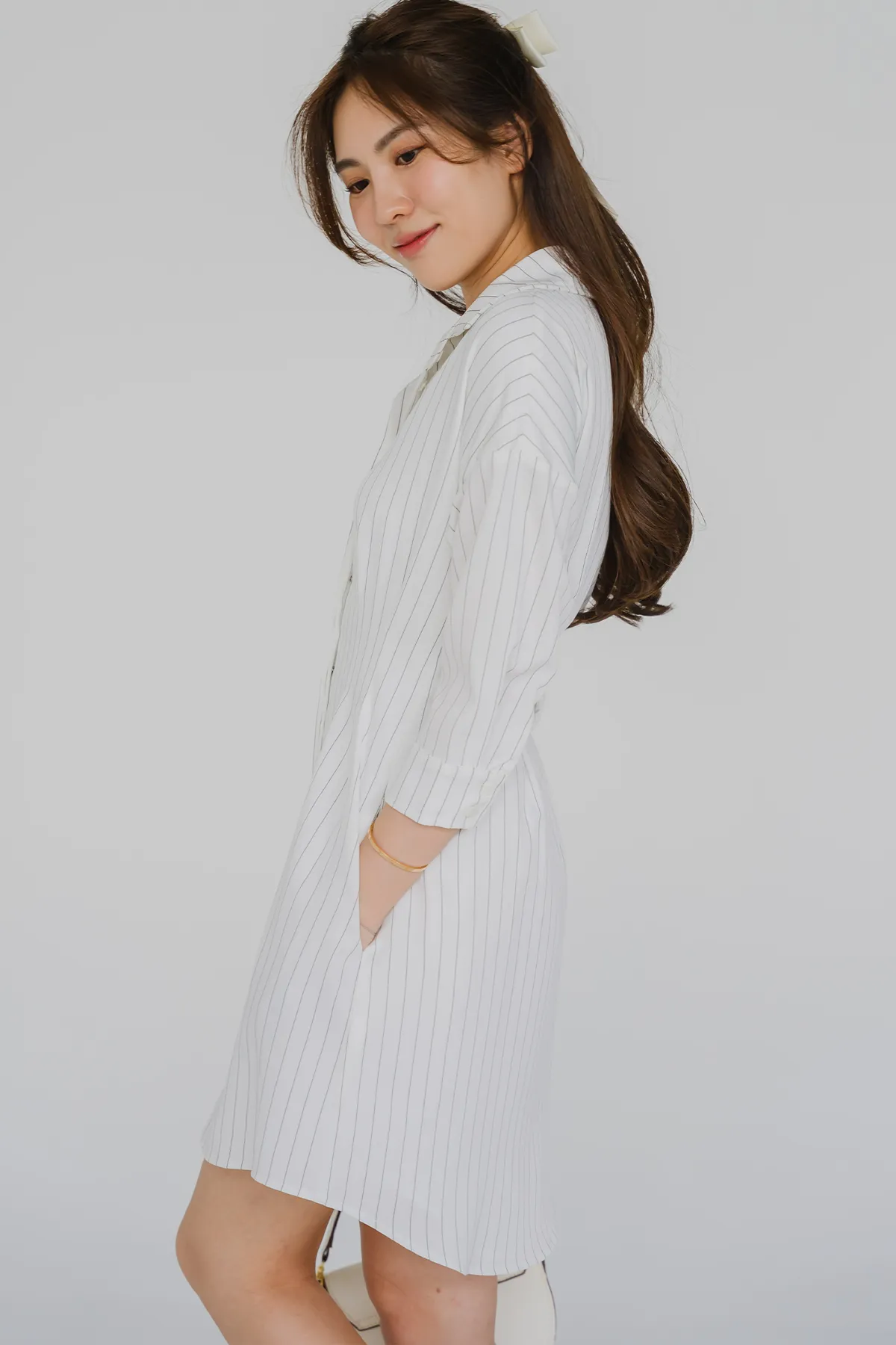 Essential Pinstripe Shirt Dress (White)