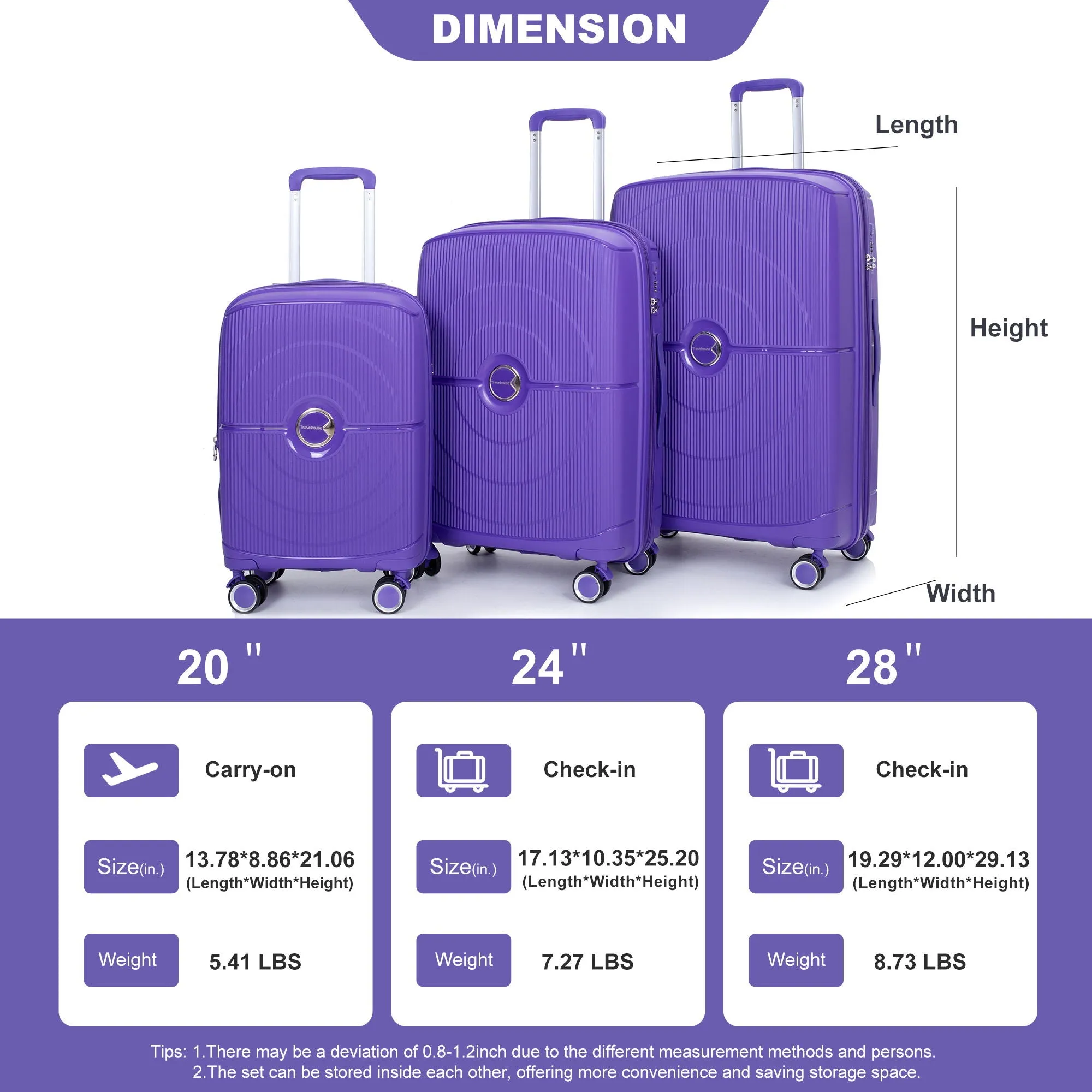Expandable Hardshell Suitcase Double Spinner Wheels Pp Luggage Sets Lightweight Durable Suitcase With Tsa Lock, 3 Piece Set - Purple