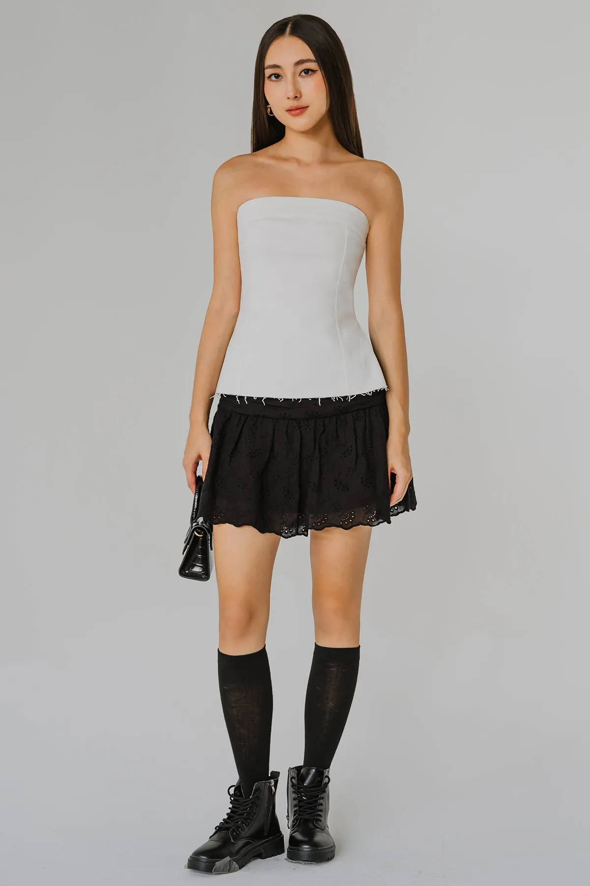 Fray Denim Bandeau Top (White)