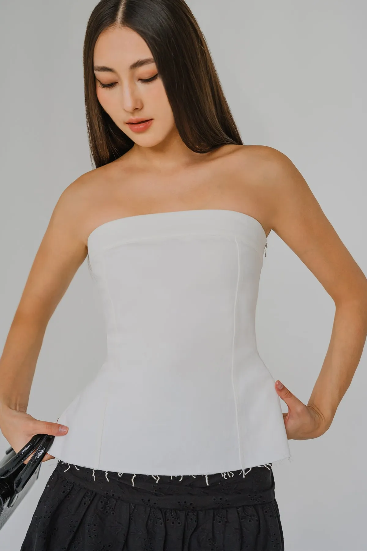 Fray Denim Bandeau Top (White)