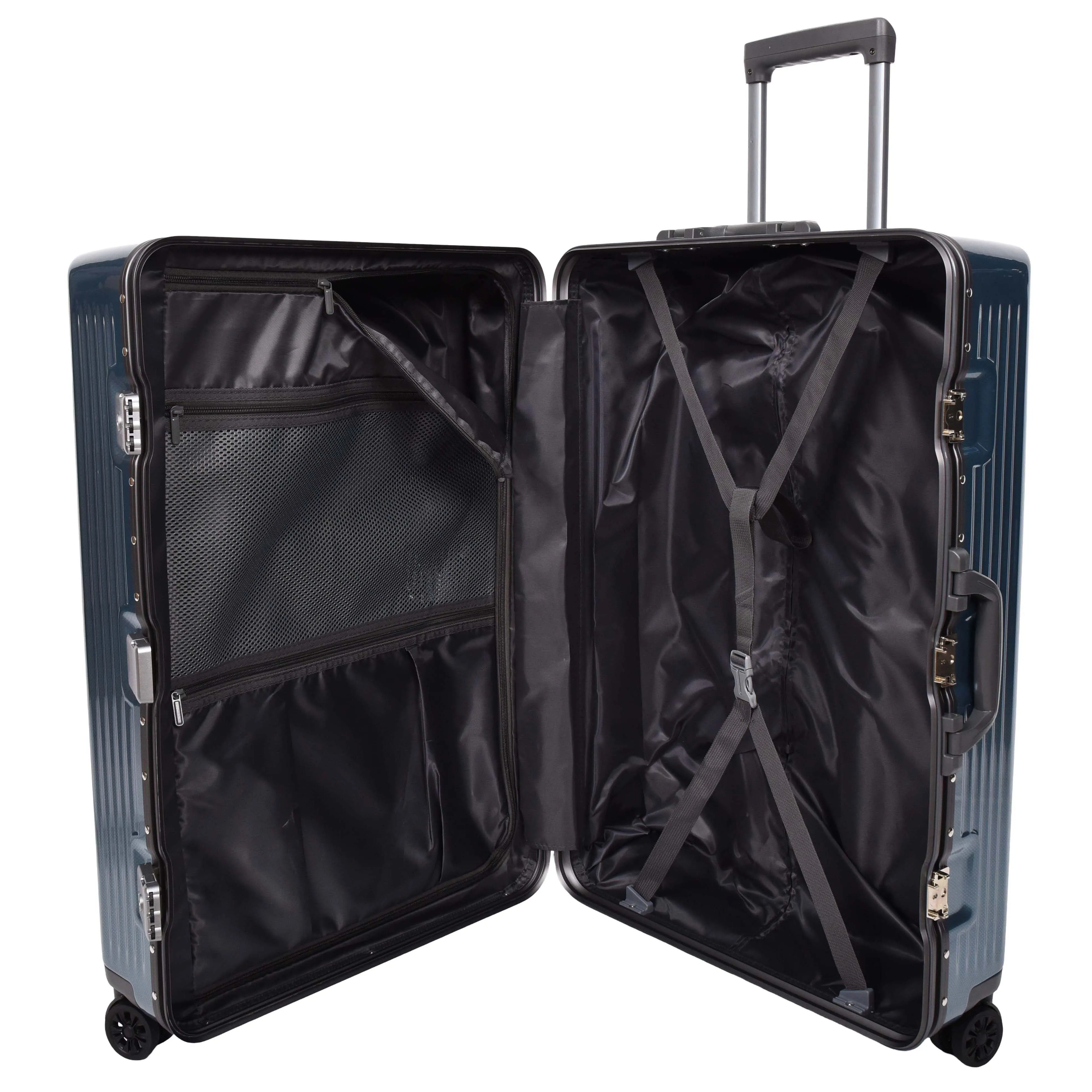Hard side Spinner Luggage 8 Wheels Dual TSA Latch Metal Frame Suitcases Metatron Blue