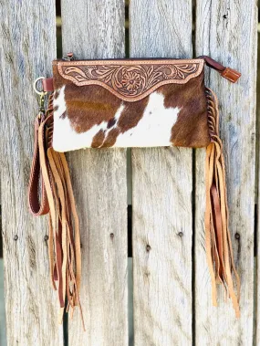 Homer & Hide Cowhide Clutch with Tassels & Tooling Details