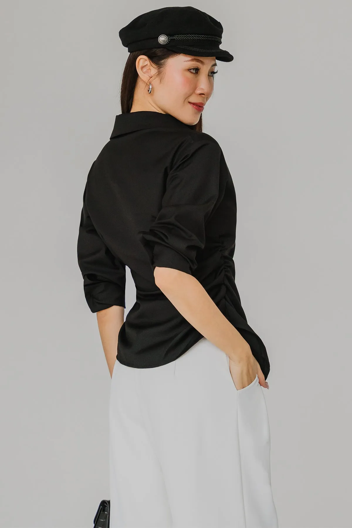 Sculpted Side-Ruch Shirt (Black)