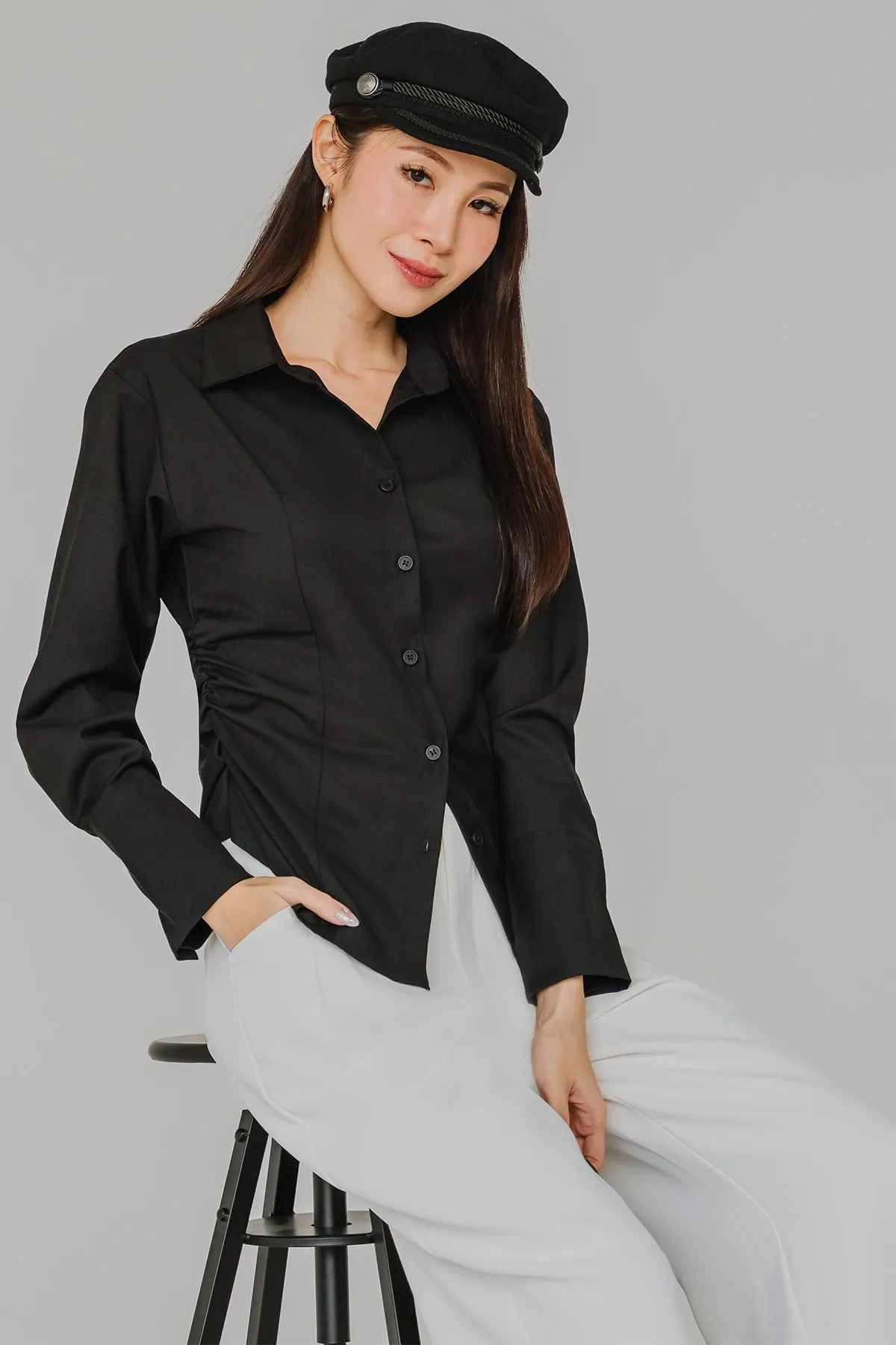Sculpted Side-Ruch Shirt (Black)