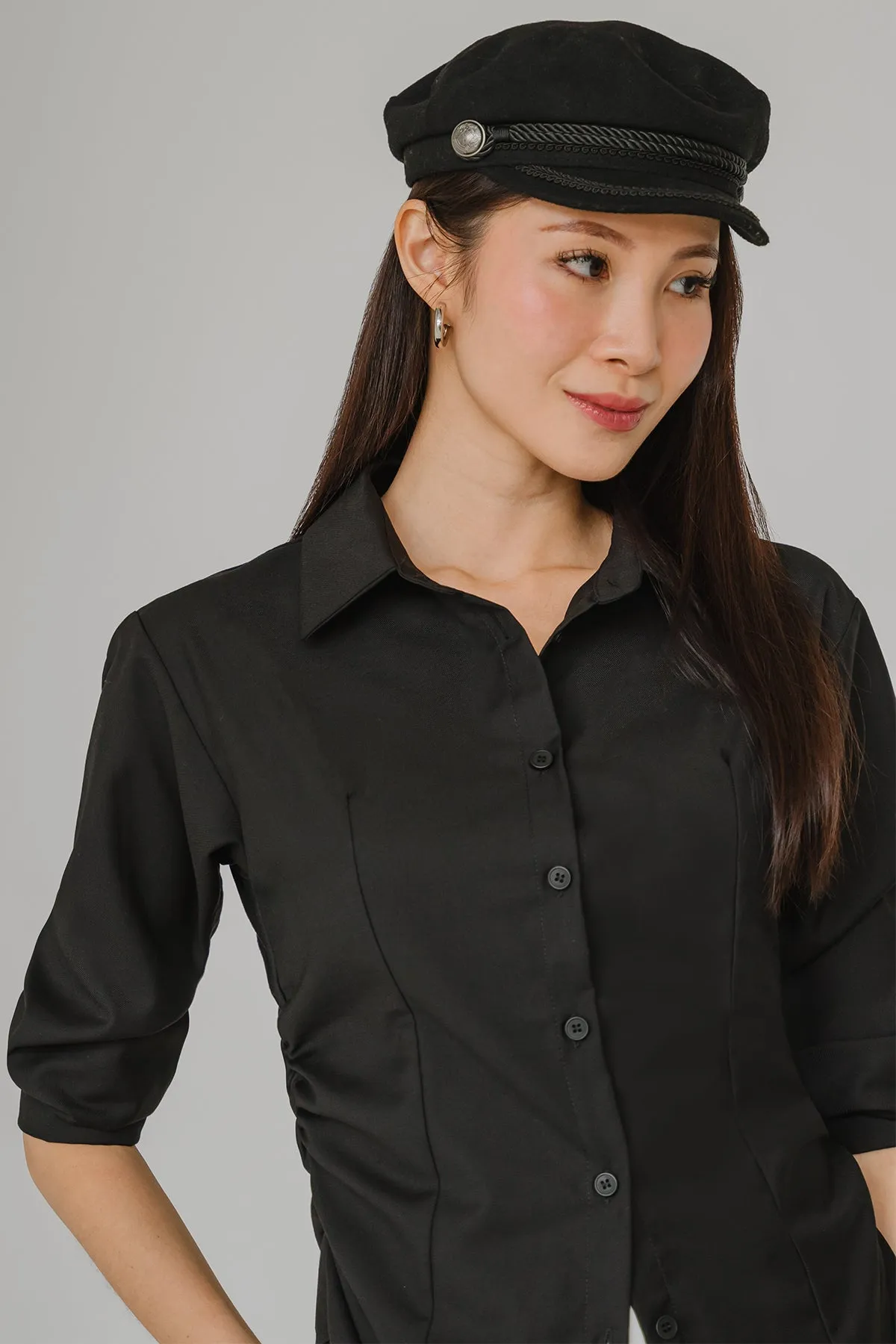 Sculpted Side-Ruch Shirt (Black)