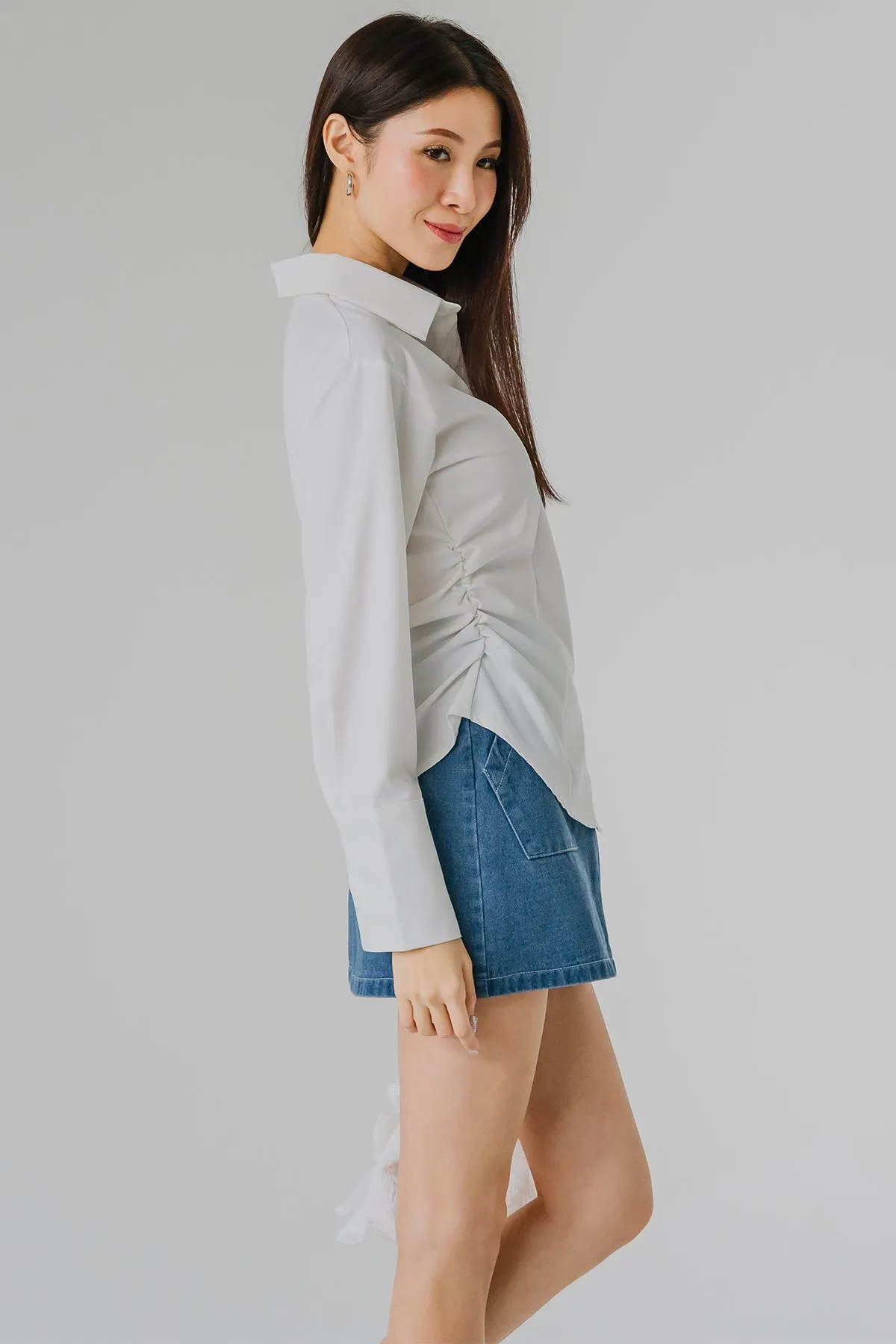 Sculpted Side-Ruch Shirt (White)