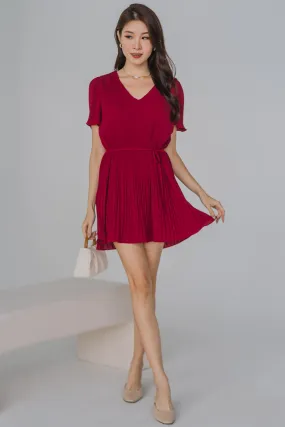 Stellar V-Neck Pleated Dress (Wine)