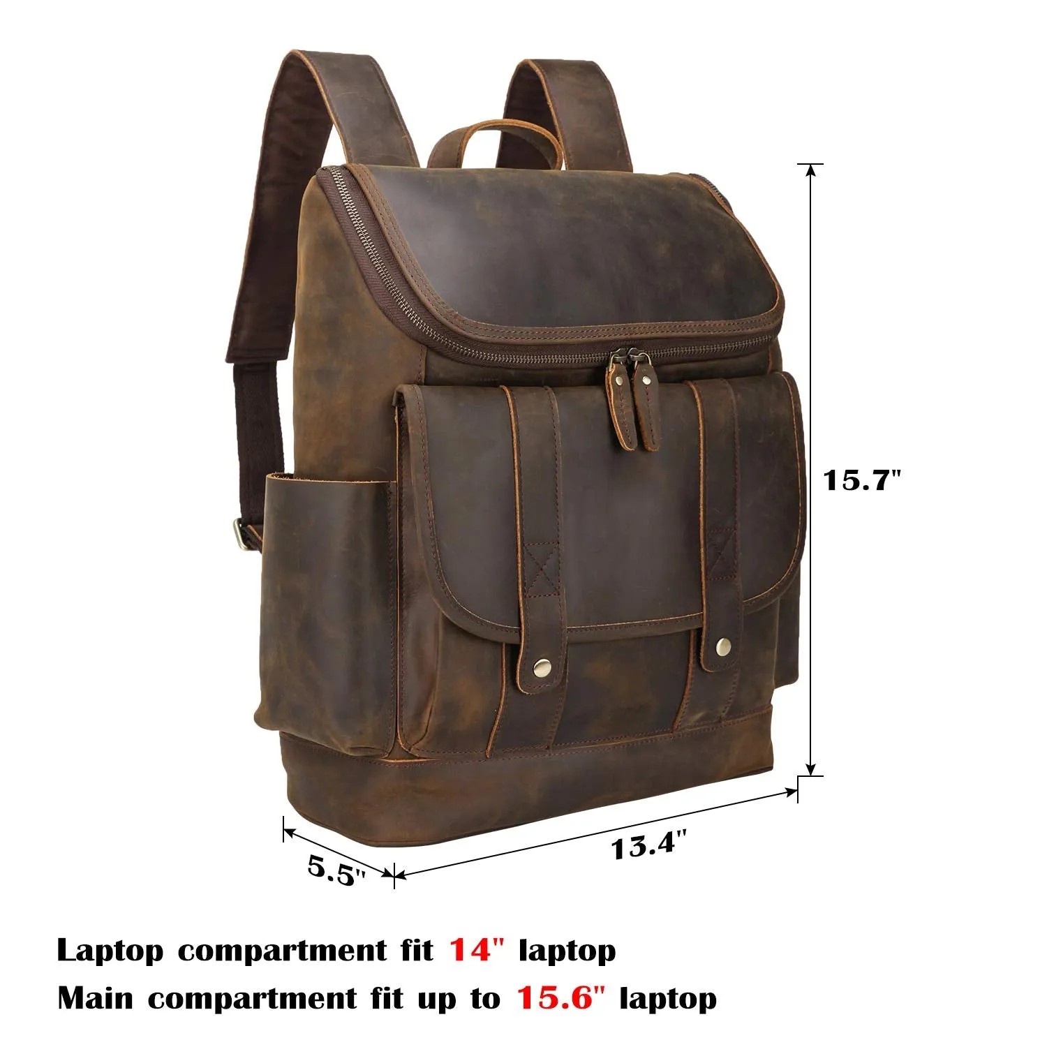Texbo Vintage Full Grain Cowhide Leather 15.6 Inch Laptop Backpack Shoulder Travel School Bag with YKK Metal Zippers (Dark Brown (Version 2019))