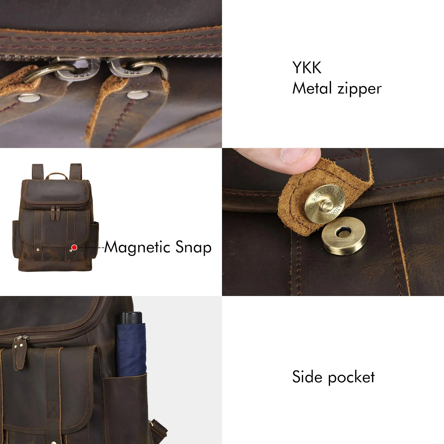 Texbo Vintage Full Grain Cowhide Leather 15.6 Inch Laptop Backpack Shoulder Travel School Bag with YKK Metal Zippers (Dark Brown (Version 2019))