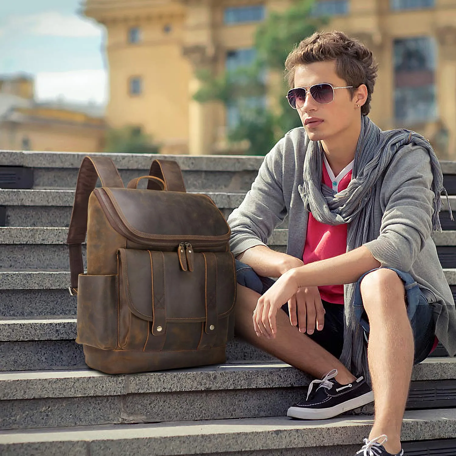 Texbo Vintage Full Grain Cowhide Leather 15.6 Inch Laptop Backpack Shoulder Travel School Bag with YKK Metal Zippers (Dark Brown (Version 2019))