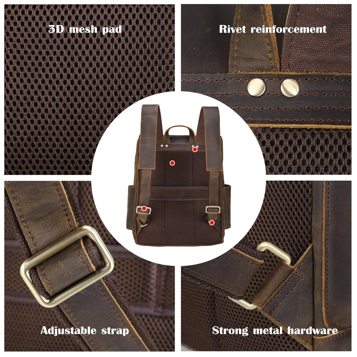 Texbo Vintage Full Grain Cowhide Leather 15.6 Inch Laptop Backpack Shoulder Travel School Bag with YKK Metal Zippers (Dark Brown (Version 2019))