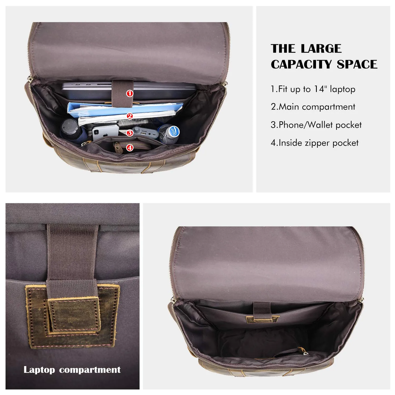 Texbo Vintage Full Grain Cowhide Leather 15.6 Inch Laptop Backpack Shoulder Travel School Bag with YKK Metal Zippers (Dark Brown (Version 2019))