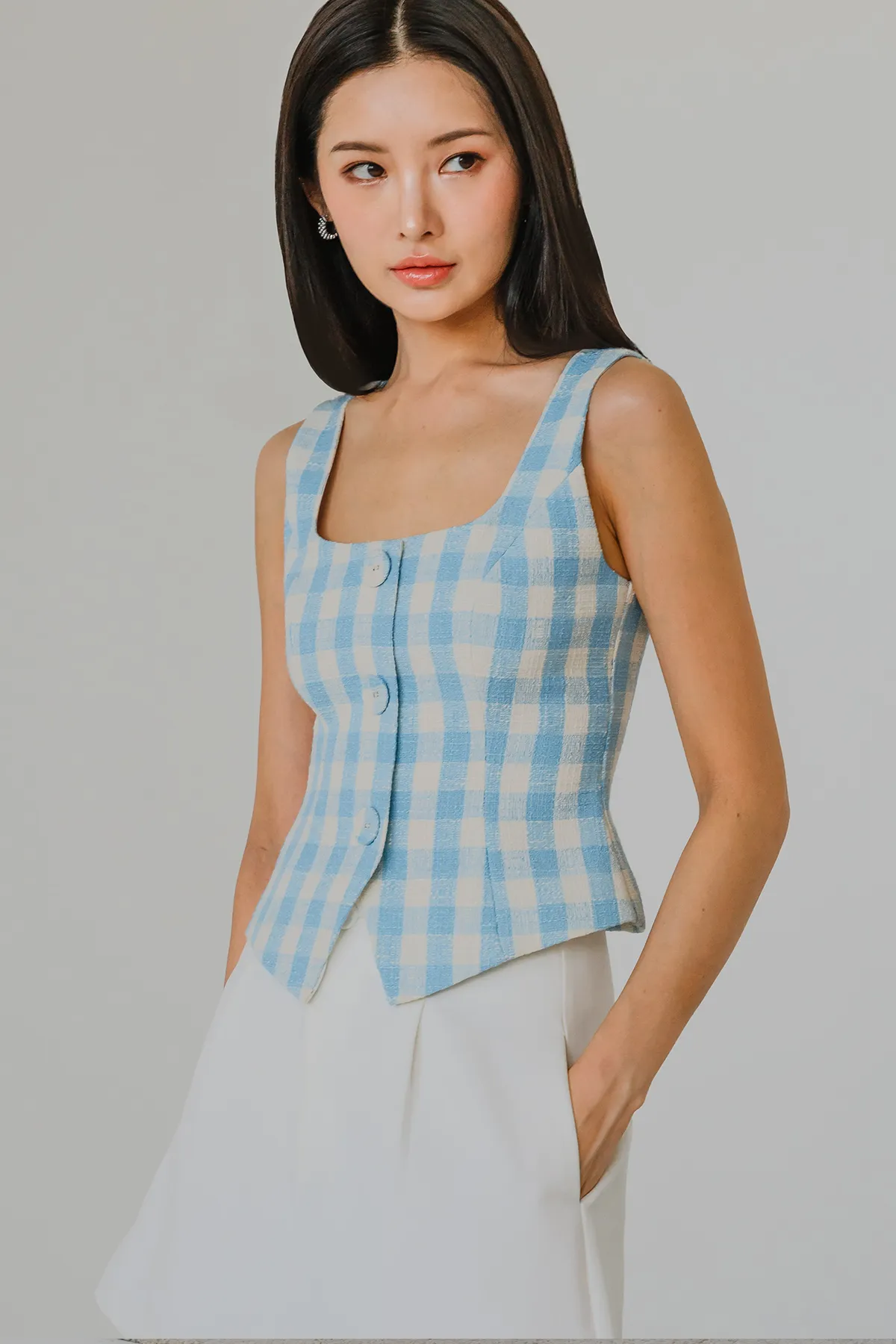 Thalia Tweed Square Neck Top (Blue)