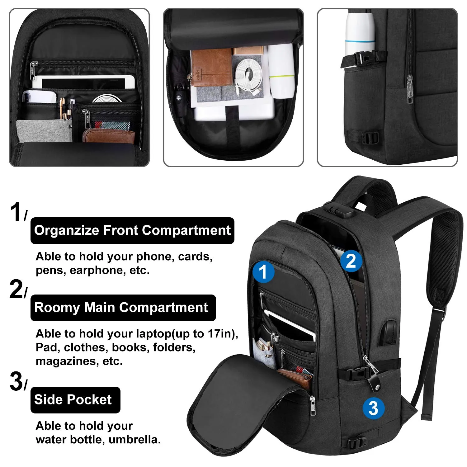 Travel Laptop Backpack, Anti Theft Business Laptop Backpack with USB Charging Port and Headphone Interface fits Under 17.3" Laptop, for College Student Work Men & Women