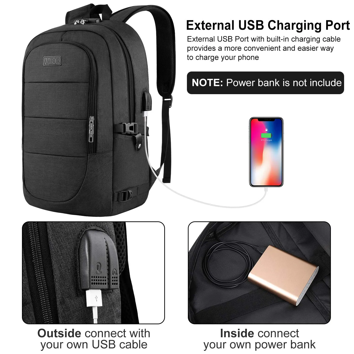 Travel Laptop Backpack, Anti Theft Business Laptop Backpack with USB Charging Port and Headphone Interface fits Under 17.3" Laptop, for College Student Work Men & Women