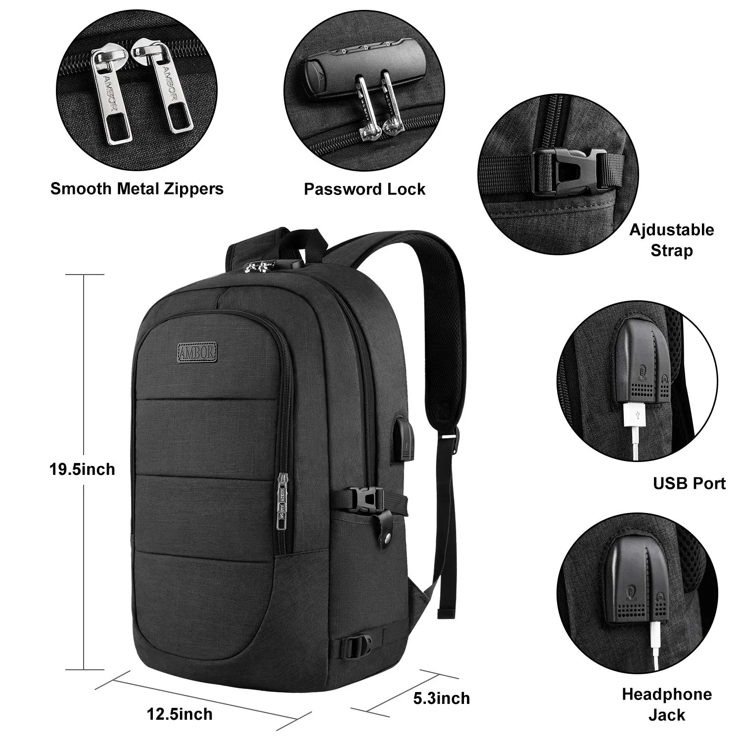 Travel Laptop Backpack, Anti Theft Business Laptop Backpack with USB Charging Port and Headphone Interface fits Under 17.3" Laptop, for College Student Work Men & Women
