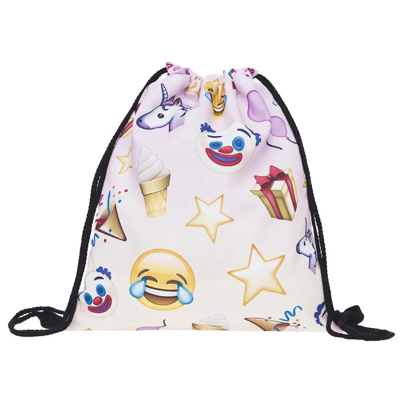 Unicorn and Facial Expressions Emoji Drawstring Backpack Shoulder Bags Satchel
